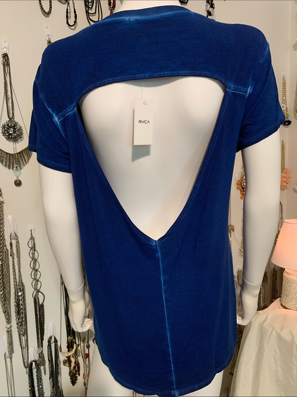 RVCA Women's Open-Back Tee in Navy Blue with necklace